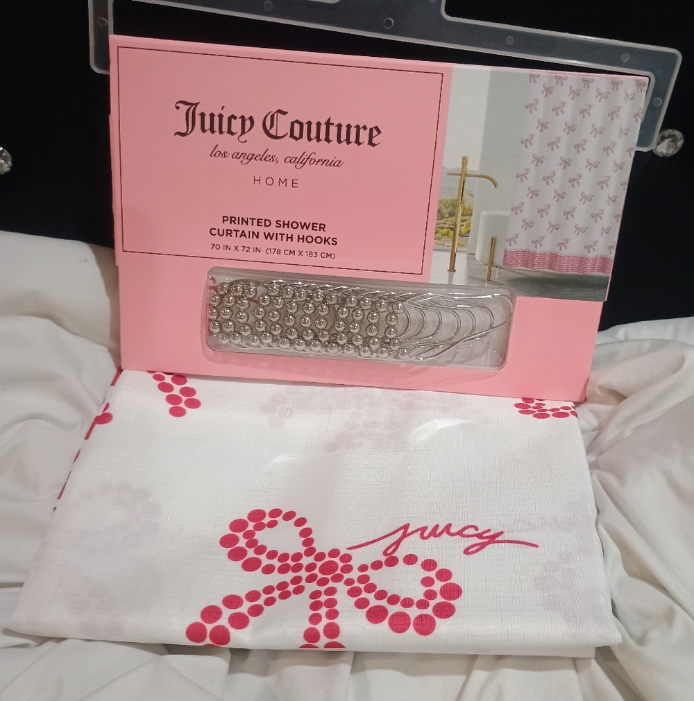 Juicy Couture Printed Shower Curtain with Hooks - White & Pink